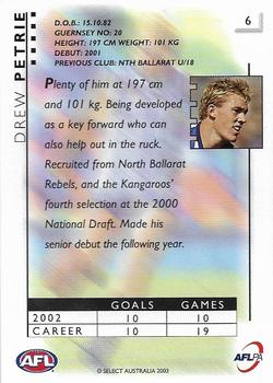 2003 Select XL Ultra AFL #6 Drew Petrie Back